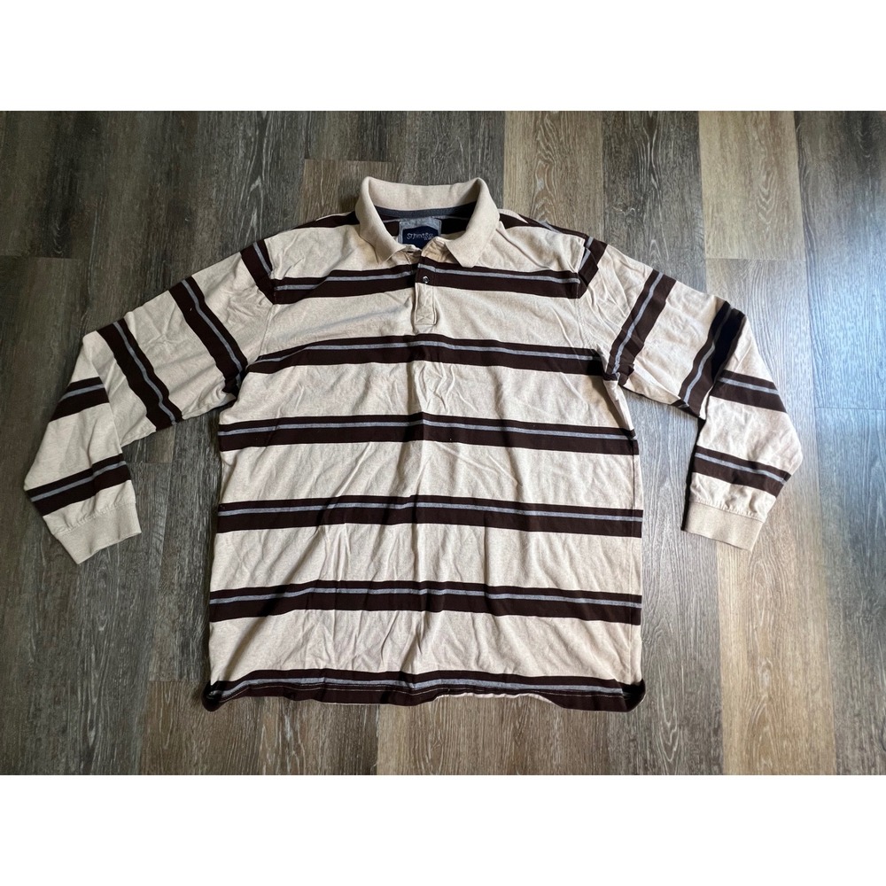 St. John's Bay Polo Shirt Mens 2XLT Tan Brown Striped Long Sleeve Cotton Jersey